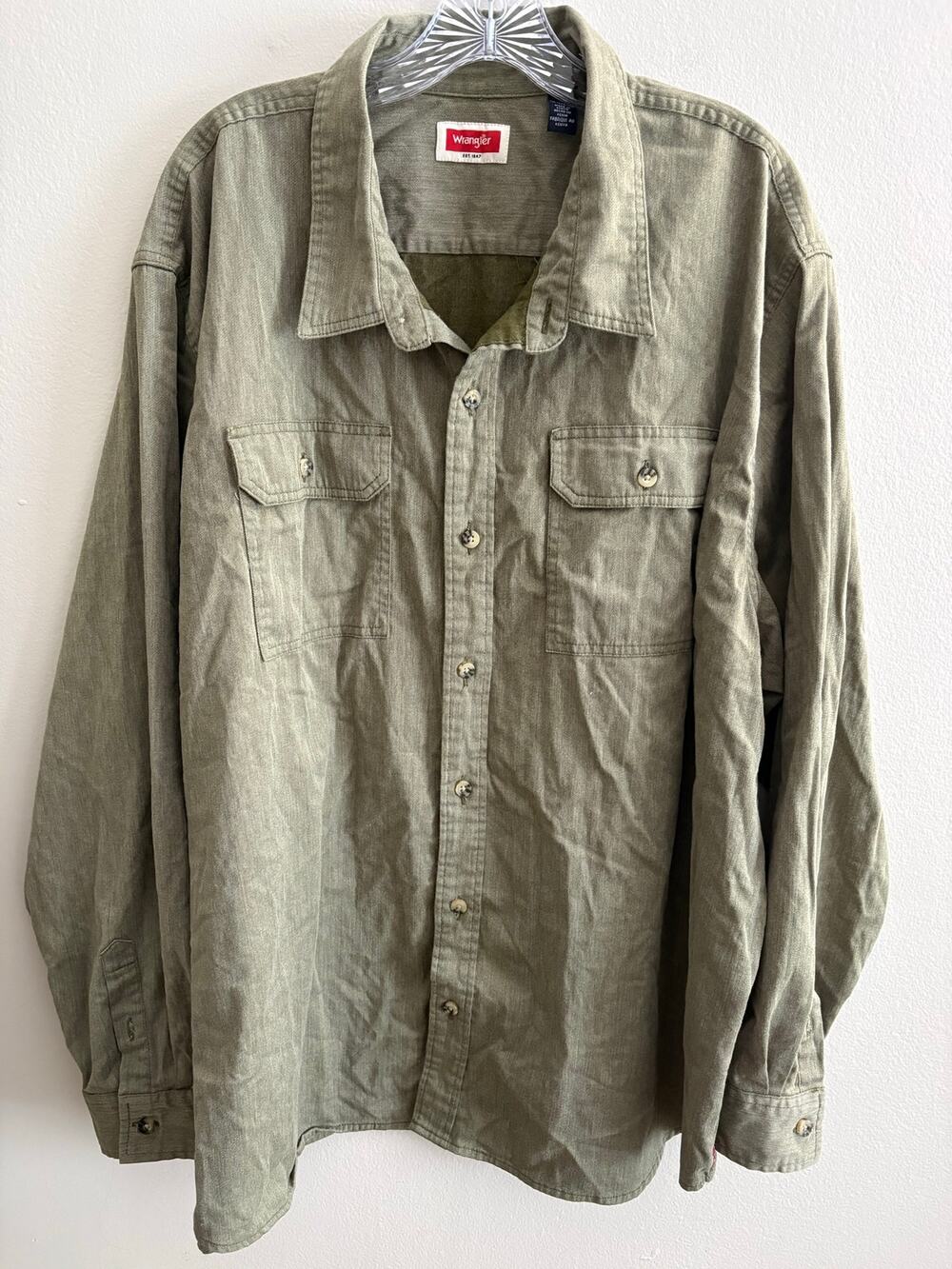 Wrangler Men's Utility Workwear Button Down Shirt Olive Green Canvas Size 3XL